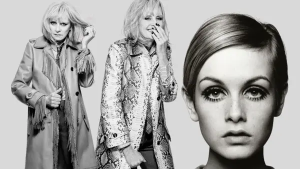 Tres imágenes de Twiggy: una con abrigo de flecos, otra con abrigo estampado y un primer plano icónico de su rostro.