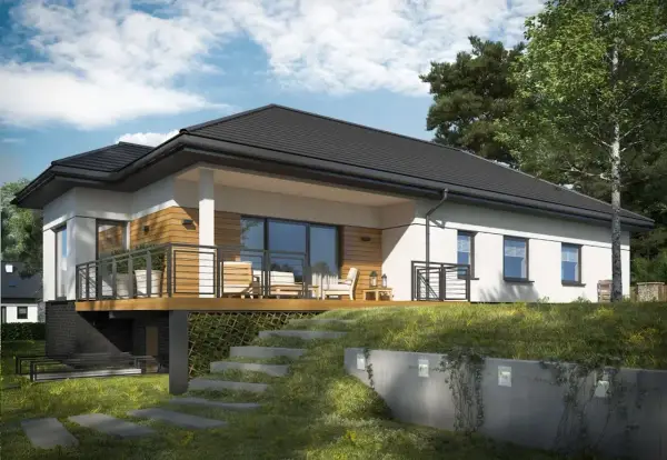 Nowoczesny dom na wzgórzu, projekt z tarasem i schodami prowadzącymi do ogrodu.