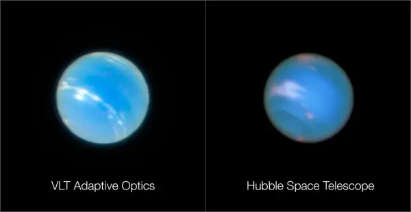 Porównanie zdjęć Neptuna z VLT i Kosmicznego Teleskopu Hubble'a. Widać różnice w szczegółach atmosfery, co może wpływać na odczyt temperatury.