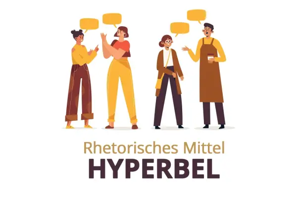 Vier Personen im Gespräch, die mit gelben Sprechblasen ihre Worte darstellen. Das Bild illustriert das rhetorische Stilmittel Hyperbel.