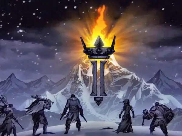 Drużyna bohaterów wyrusza ku płomieniom na szczycie góry w grze Darkest Dungeon II.