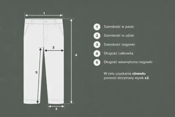 Tabela rozmiarów spodni, w tym szerokość w pasie, udzie i nogawce, długość całkowita i wewnętrzna. Idealne dla rozmiaru spodni 44.
