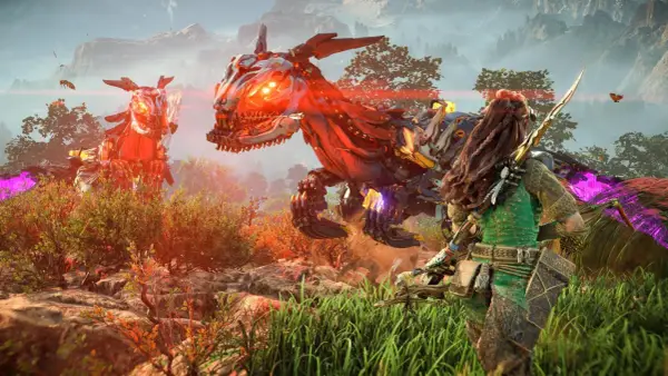 Aloy z Horizon Zero Dawn 2 walczy z dwoma mechanicznymi raptorami w słoneczny dzień.