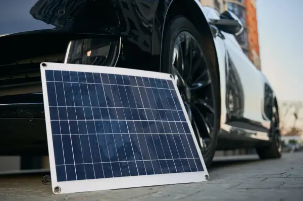 Panel solar portátil junto a un coche eléctrico, listo para cargar en casa.