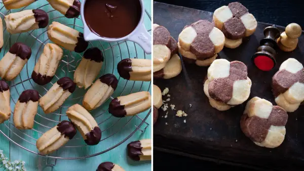 Två sorters annorlunda småkakor: chokladdoppade och schackrutiga. En härlig syn för alla fikasugna!