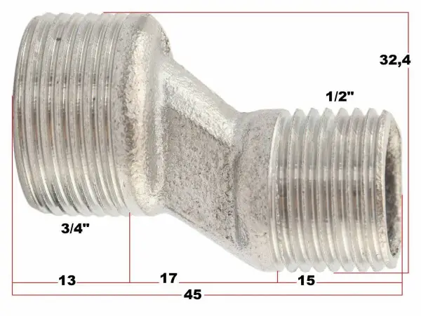 Metalowy nyplowy reduktor z gwintami 3/4" i 1/2". Wymiary: 13, 17, 15, 32,4, 45 mm. Idealny do instalacji, gdzie potrzebne są różne krzywki do baterii rozmiary.