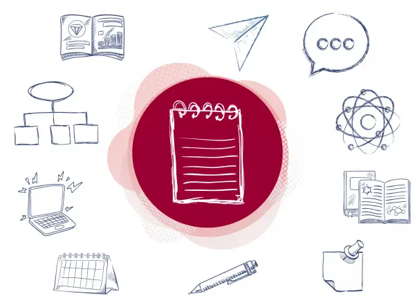 Un cuaderno, un portátil, un calendario y otros elementos gráficos que representan recursos para escritores.