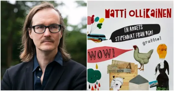 Porträtt av Matti Ollikainen bredvid en collage med texten "Matti Ollikainen", en buss, en höna och "gratis!".