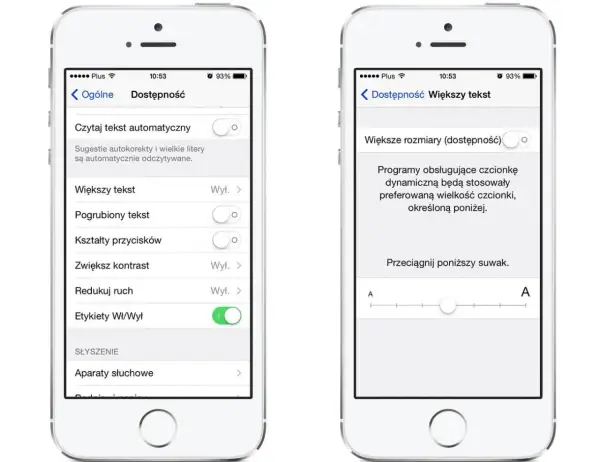 Jak zmienić czcionkę w iPhone: w Ustawieniach > Dostępność > Wyświetlacz i rozmiar tekstu > Większy tekst, dostosuj suwak.