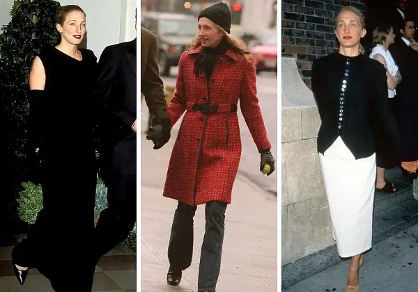 Carolyn Bessette-Kennedy luce elegante en tres atuendos: uno negro, uno rojo y uno blanco con negro.