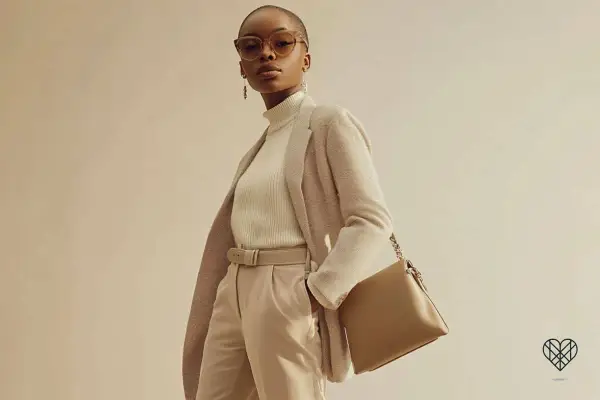 Eine Frau in einem eleganten Outfit: beige Hose, cremefarbener Rollkragenpullover und ein karierter Blazer. Perfekt, um beige Hose zu kombinieren.
