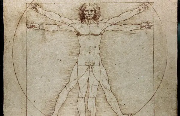 Człowiek witruwiański Leonarda da Vinci, idealne proporcje ludzkiego ciała wpisane w kwadrat i okrąg.