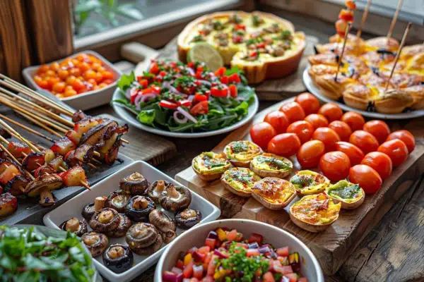 Un festin de tapas barbecue : brochettes, champignons farcis, quiches, salade fraîche et tomates cerises. Parfait pour un repas convivial.