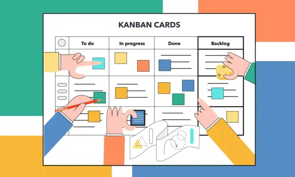 Kolorowy kanban produkcyjny z kartami w kolumnach "Do zrobienia", "W toku", "Gotowe" i "Backlog". Ręce przesuwają zadania.