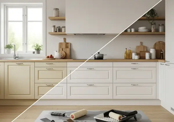 Cocina antes y después de lacar muebles. Gabinetes amarillos transformados a blanco, listos para renovar.