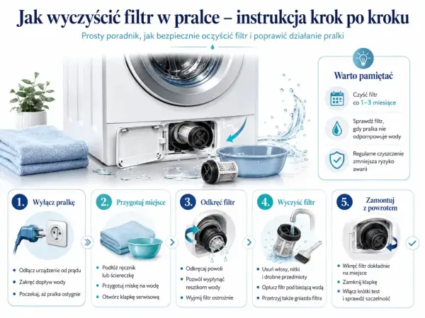 Instrukcja jak odkamienić pralkę: wyłącz, przygotuj miejsce, odkręć, wyczyść i zamontuj filtr. Regularne czyszczenie zapobiega awariom.