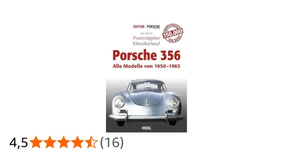 Okładka książki o Porsche 356, z widokiem na klasyczny samochód i informacją o 150 000 sprzedanych egzemplarzy.