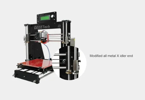 Stampante 3D Geeetech i3 Pro B con dettaglio ingrandito del supporto metallico modificato per l'asse X.