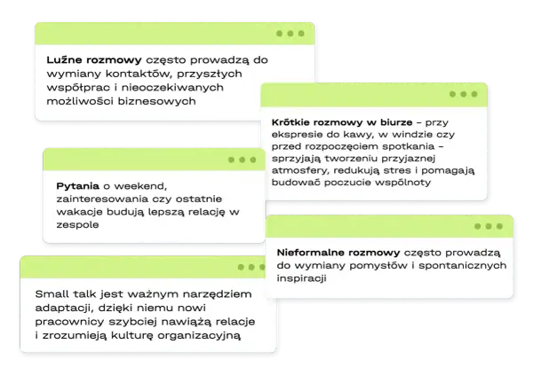 Luźne rozmowy, pytania o weekend i krótkie pogawędki przy kawie to small talk, który buduje relacje i sprzyja współpracy.