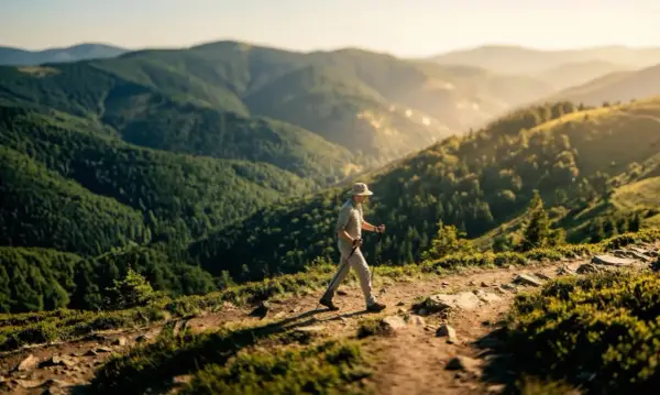 Mężczyzna w kapeluszu idzie górskim szlakiem z kijkami do nordic walking. Słońce oświetla zbocza gór.
