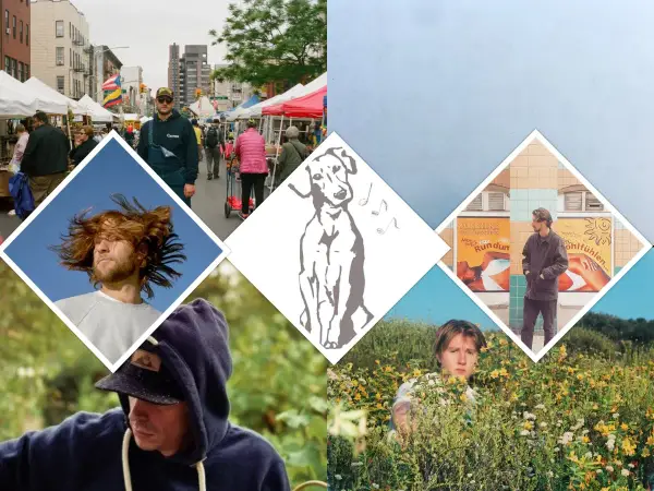 Collage de photos : homme aux cheveux roux, chien stylisé, homme devant des affiches, homme dans des fleurs, marché de rue.