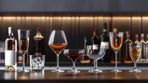 Różnorodne kieliszki z alkoholami na barze. Czasem brak magnezu objawy mogą być subtelne, jak pragnienie czegoś mocniejszego.