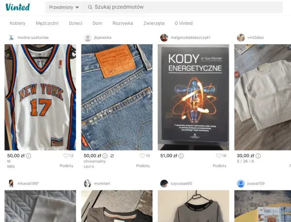 Sprzedaż ubrań używanych przez internet: koszulka NBA, jeansy Levi's, sweter.