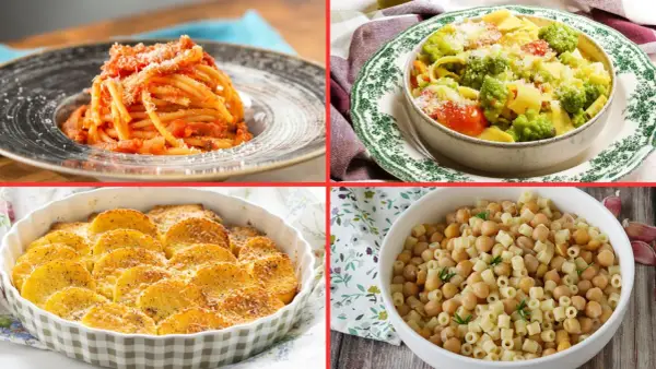 Un viaggio tra 10 piatti tipici del Lazio: spaghetti al pomodoro, pasta con verdure, patate al forno e pasta e ceci.