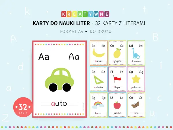 Kreatywne karty do nauki liter z obrazkami: auto, banan, cytryna, dinozaur, ekierka, flaga, gwiazda, tęcza, jabłko, ćma.