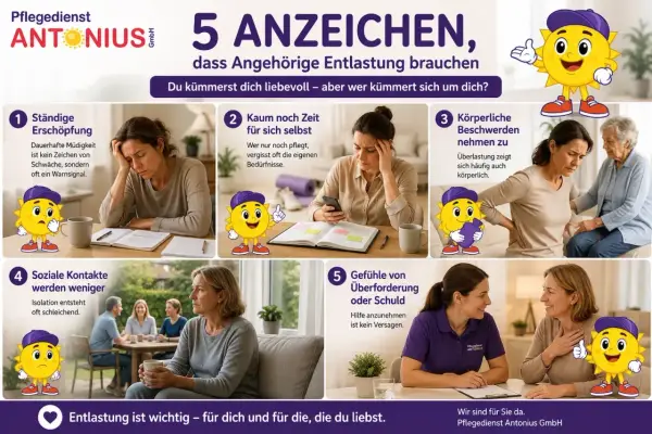 5 Anzeichen, dass Angehörige Entlastung brauchen: Ständige Erschöpfung, kaum Zeit für sich, körperliche Beschwerden, weniger soziale Kontakte, Überforderung. Müde? Hilfe ist da.