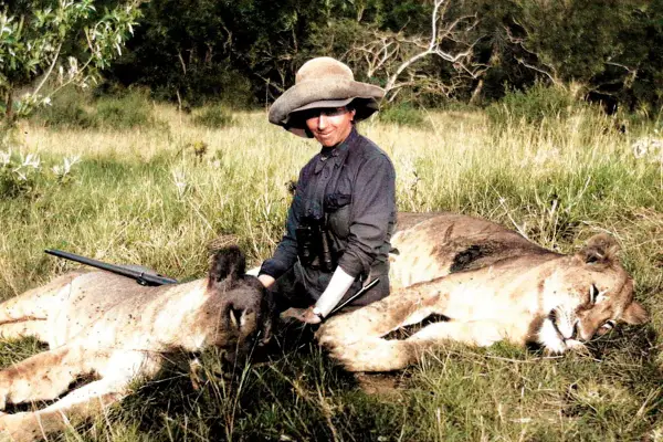 En kvinna med hatt och kikare sitter bland två lejon. Hon påminner om Karen Blixens alter ego, redo för äventyr i Afrika.