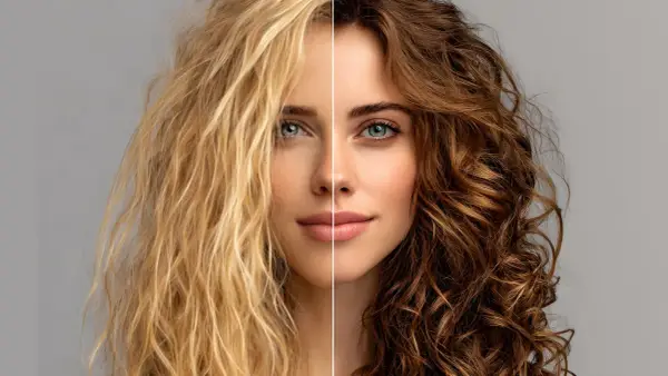 La mitad de un rostro con pelo rubio ondulado y la otra mitad con pelo castaño rizado, mostrando los reflejos del pelo.