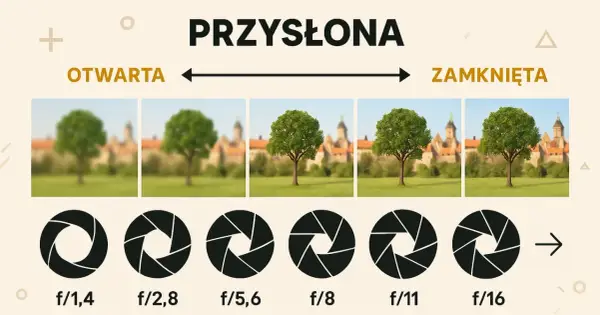 Przysłona w aparacie fotograficznym inaczej: od rozmytego tła do ostrości. Pokazane są różne wartości przysłony (f/1,4 do f/16) i ich wpływ na głębię ostrości.