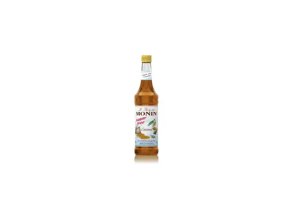 Butelka syropu Monin karmel bez cukru. Idealny do kawy i deserów, by dodać słodkiego, karmelowego smaku.