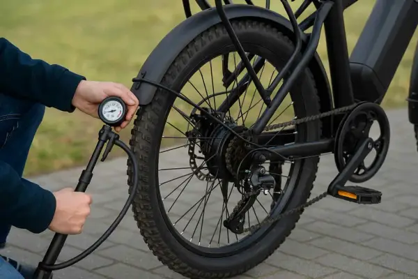 Maintenir la pression pneu vélo électrique optimale pour une meilleure autonomie et un confort de conduite. Un manomètre est utilisé pour vérifier le gonflage.