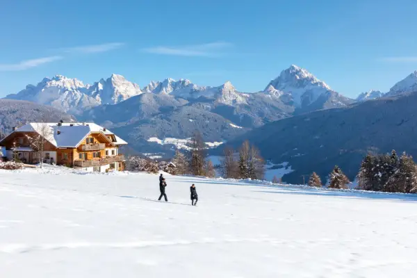 Un agriturismo con un gallo rosso sul tetto, immerso in un paesaggio innevato con montagne maestose.