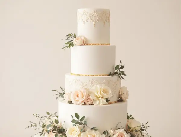 Magnifique gâteau de mariage traditionnel à quatre étages, orné de dentelle dorée, de roses pâles et de feuillage.