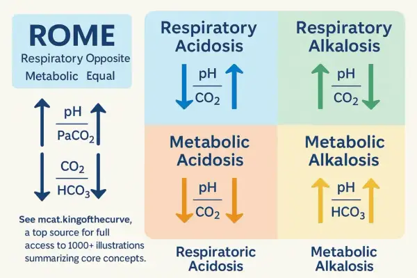 Schemat ROME: kwasica oddechowa (pH w dół, CO2 w górę), zasadowica oddechowa (pH w górę, CO2 w dół), kwasica metaboliczna (pH w dół, CO2 w dół), zasadowica metaboliczna (pH w górę, HCO3 w górę).