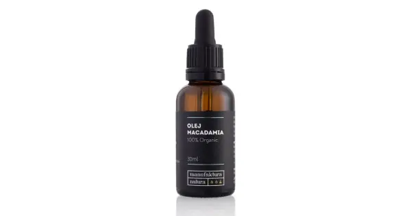 Butelka z kroplomierzem, zawierająca olej makadamia 100% Organic. Idealny do olejowania włosów na sucho.