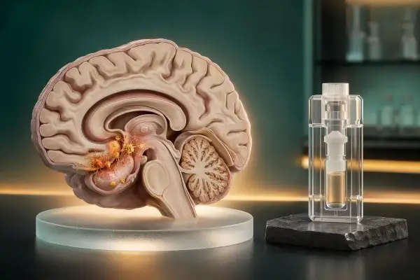 Sezione di cervello con segni di Alzheimer e provetta. Ricerca sui quali esami del sangue per Alzheimer.