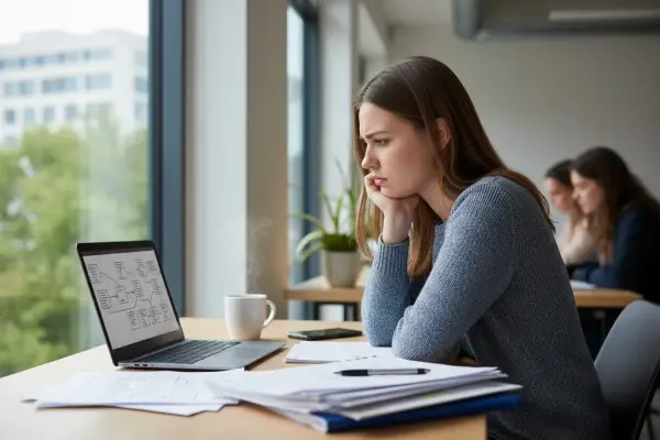 Zamyślona studentka przy laptopie, zastanawia się nad liczbą godzin praktyk na studiach. Dymek z kubka kawy unosi się w powietrzu.