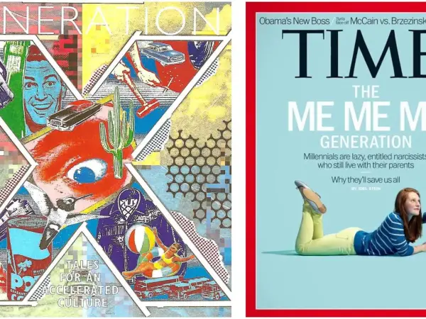 Konstverk och Time Magazine-omslag som utforskar olika generationer och årtal. Ett collage med popkonst och en artikel om "Me Me Generation".