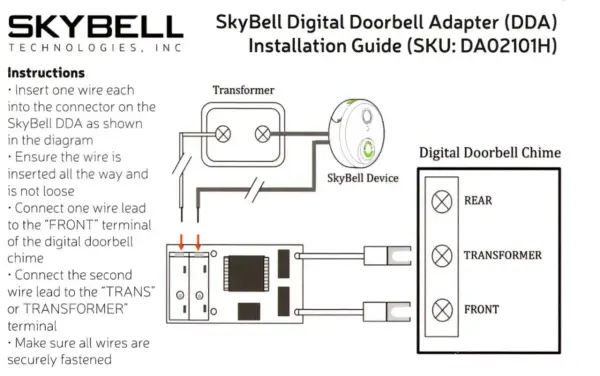 Schemat instalacji SkyBell DDA pokazuje, jak podłączyć urządzenie do transformatora i cyfrowego dzwonka do drzwi, aby uzyskać głośny dzwonek do drzwi.