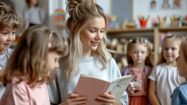 Nauczycielka czyta dzieciom bajkę. Zastanawiasz się, ile zarabia nauczyciel w przedszkolu? To praca pełna pasji, ale też wyzwań.