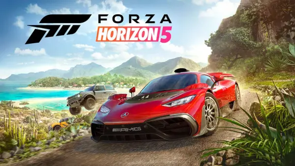 W Forza Horizon 5 ścigają się trzy samochody: czerwony supersamochód, szary SUV i pomarańczowy terenowy pojazd.