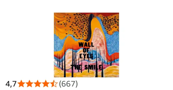 Obraz "Wall of Eyes" zespołu The Smile. Surrealistyczna kompozycja z licznymi oczami na pomarańczowym tle, przypominająca ścianę spojrzeń.