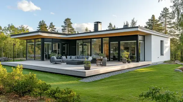 Modernt hus med stora fönster och en rymlig altan. Det platta taket ger huset en stilren och minimalistisk känsla.