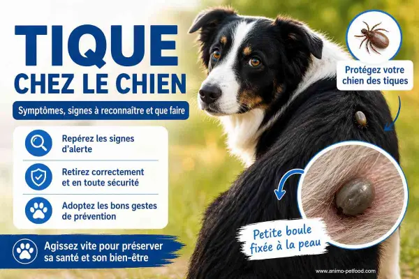 Un chien avec une tique mal enlevée sur le dos. L'image montre des conseils pour protéger votre chien des tiques.