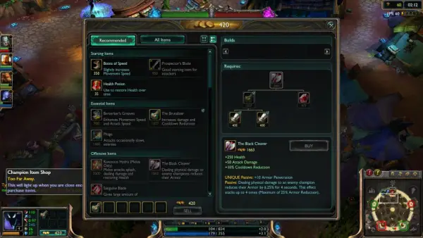W grze League of Legends, gracz rozważa zakup przedmiotu "The Black Cleaver", który daje +250 zdrowia, +50 obrażeń ataku i redukcję czasu odnowienia.