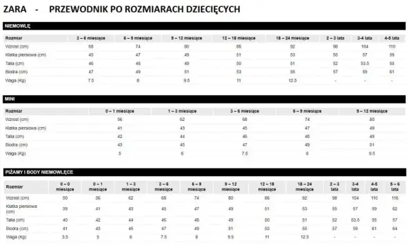 Tabela rozmiarówka Zara dla niemowląt i dzieci: wzrost, klatka, talia, biodra, waga.